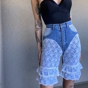 Unique vintage lace detailed denim Bermuda shorts